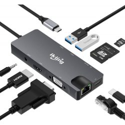   HATÉKONYSÁGNÖVELŐ AJÁNDÉK - 9 az 1-ben USB C hub,  adapter (HDMI, VGA, RJ45 - Gigabit Ethernet, USB C, 2 db USB 3.0, SD/TF kártyaolvasó, 3,5 mm JACK)